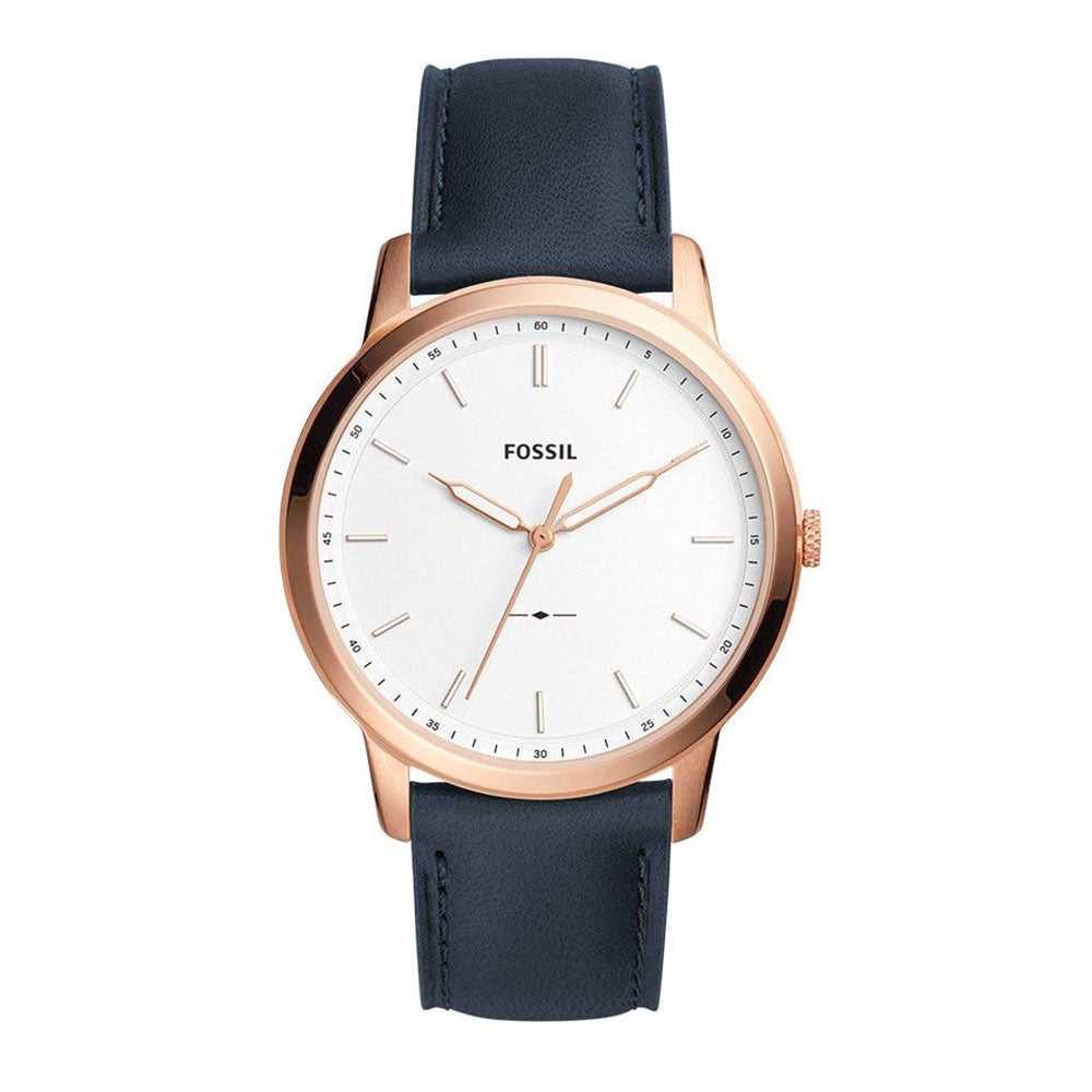 FOSSIL MINIMALIST ANALOG QUARTZ ROSE GOLD STAINLESS STEEL FS5371 BLUE LEATHER STRAP MEN'S WATCH - H2 Hub Watches