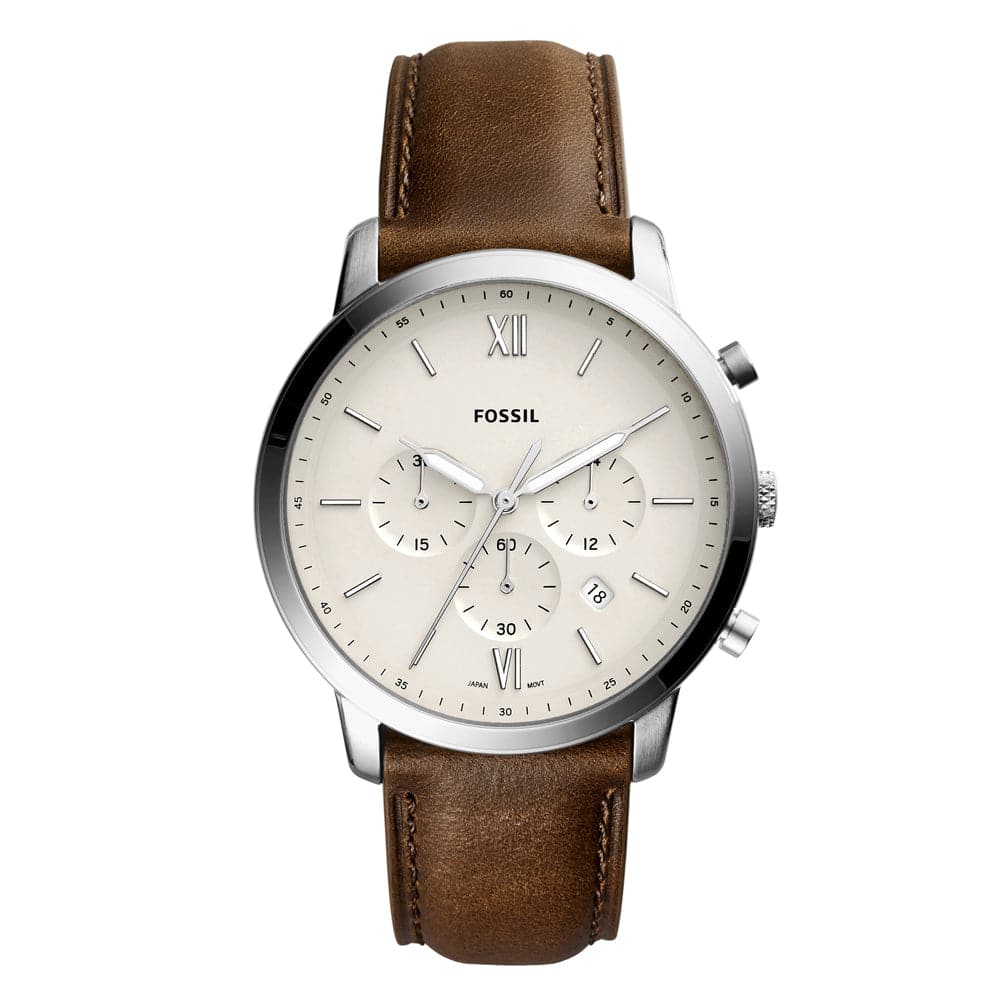 FOSSIL NEUTRA CHRONOGRAPH SILVER STAINLESS STEEL FS5380 BROWN LEATHER STRAP MEN'S WATCH - H2 Hub Watches