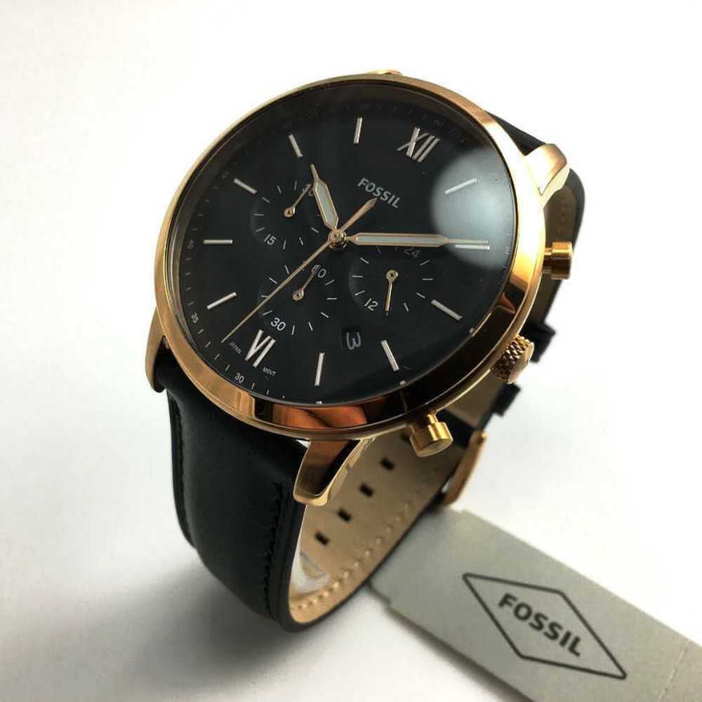 FOSSIL NEUTRA CHRONOGRAPH ROSE GOLD STAINLESS STEEL FS5381 BLACK LEATHER STRAP MEN'S WATCH - H2 Hub Watches
