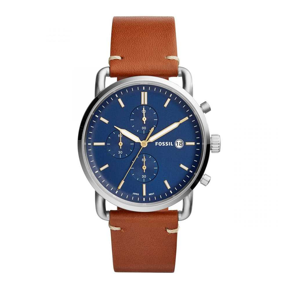 FOSSIL THE COMMUTER CHRONOGRAPH SILVER STAINLESS STEEL FS5401 BROWN LEATHER STRAP MEN'S WATCH - H2 Hub Watches