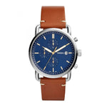 FOSSIL THE COMMUTER CHRONOGRAPH SILVER STAINLESS STEEL FS5401 BROWN LEATHER STRAP MEN'S WATCH - H2 Hub Watches