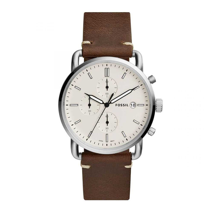 FOSSIL THE COMMUTER CHRONOGRAPH SILVER STAINLESS STEEL FS5402 BROWN LEATHER STRAP MEN'S WATCH - H2 Hub Watches