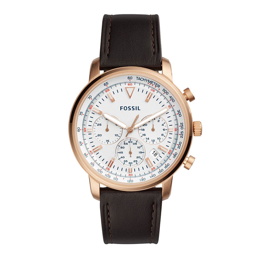 FOSSIL GOODWIN CHRONOGRAPH ROSE GOLD STAINLESS STEEL FS5415 BROWN LEATHER STRAP MEN'S WATCH - H2 Hub Watches