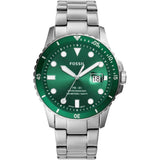 FOSSIL FS5670 THREE HAND DATE ROTATING GREEN BEZEL SILVER STAINLESS STEEL MEN'S WATCH