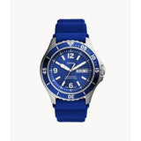 FOSSIL FS5700 BLUE THREE HAND DATE SILVER ROUND SILICONE STRAP MEN'S WATCH