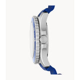FOSSIL FS5700 BLUE THREE HAND DATE SILVER ROUND SILICONE STRAP MEN'S WATCH
