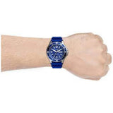 FOSSIL FS5700 BLUE THREE HAND DATE SILVER ROUND SILICONE STRAP MEN'S WATCH