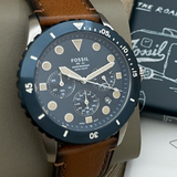 FOSSIL FS5914 FB-01 STAINLESS STEEL QUARTZ BLUE DIAL CHRONOGRAPH BROWN LEATHER MEN'S WATCH