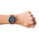 FOSSIL FS5914 FB-01 STAINLESS STEEL QUARTZ BLUE DIAL CHRONOGRAPH BROWN LEATHER MEN'S WATCH