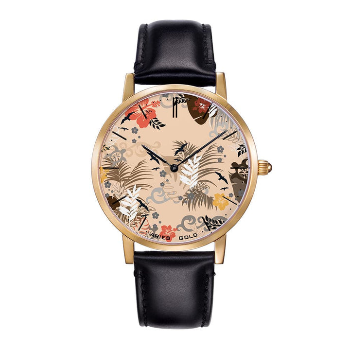 ARIES GOLD CUSTOMISED GOLD STAINLESS STEEL WATCH - NUDE FLORAL LEATHER STRAP WOMAN'S WATCH - H2 Hub Watches