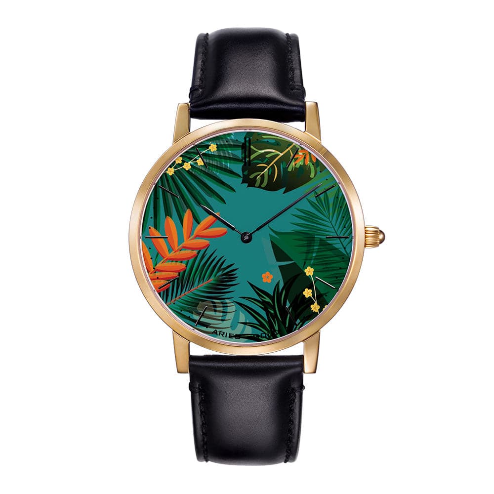 ARIES GOLD CUSTOMISED GOLD STAINLESS STEEL WATCH - GREEN FLORAL LEATHER STRAP WOMAN'S WATCH - H2 Hub Watches