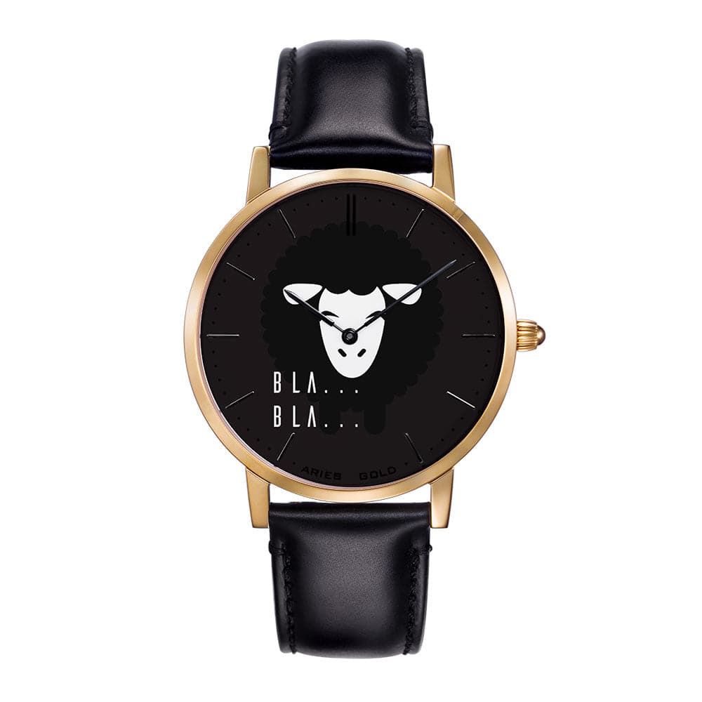 ARIES GOLD CUSTOMISED GOLD STAINLESS STEEL WATCH - BLA BLA BLACK UNISEX LEATHER STRAP WATCH - H2 Hub Watches