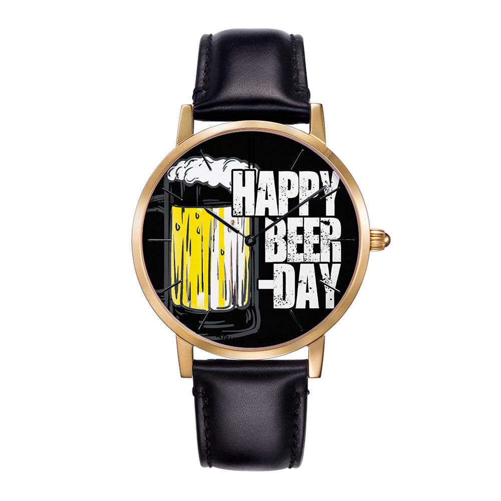 ARIES GOLD CUSTOMISED GOLD STAINLESS STEEL WATCH - HAPPY BEER DAY BLACK UNISEX LEATHER STRAP WATCH - H2 Hub Watches