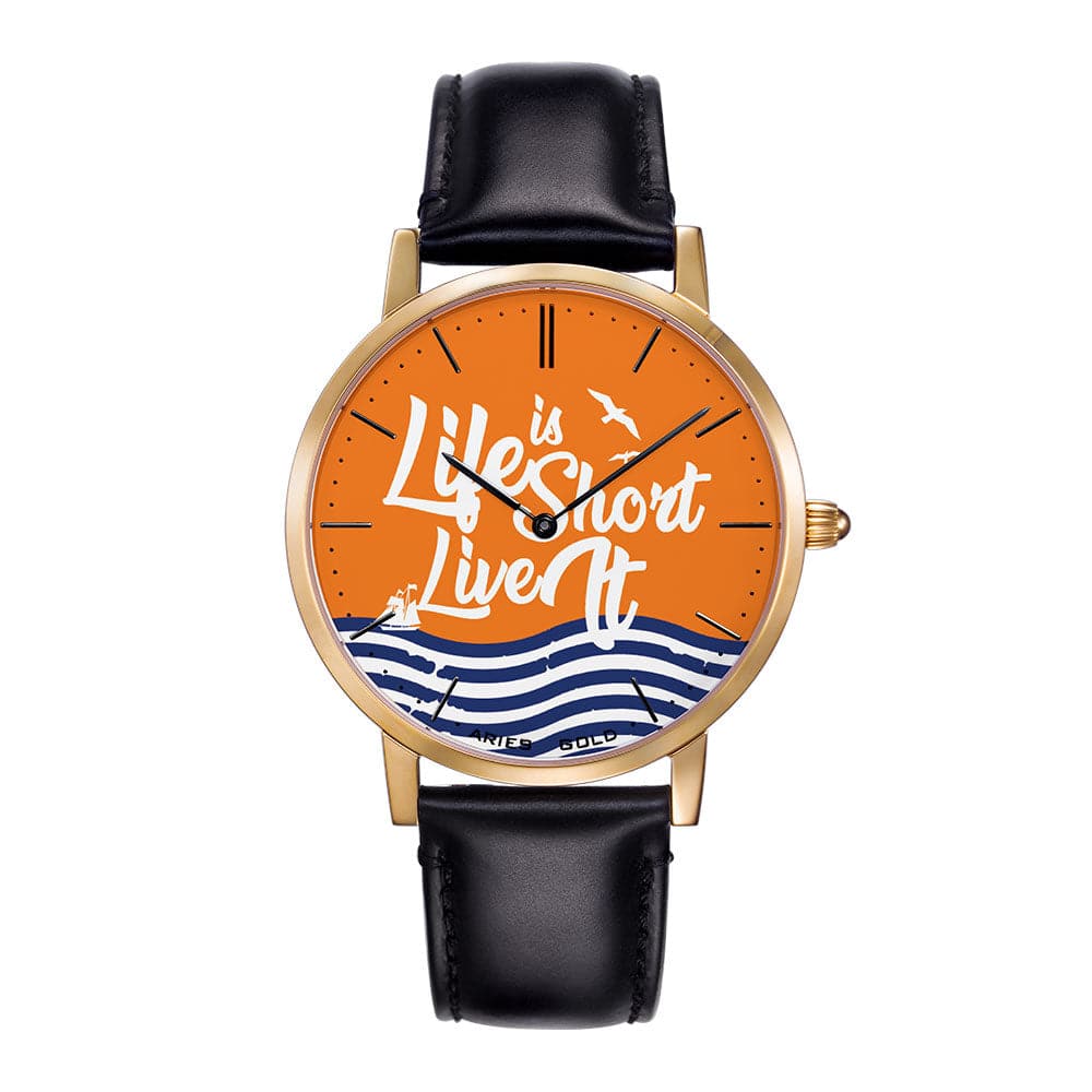 ARIES GOLD CUSTOMISED GOLD STAINLESS STEEL WATCH - LIFE IS SHORT LIVE IT ORANGE UNISEX LEATHER STRAP WATCH - H2 Hub Watches