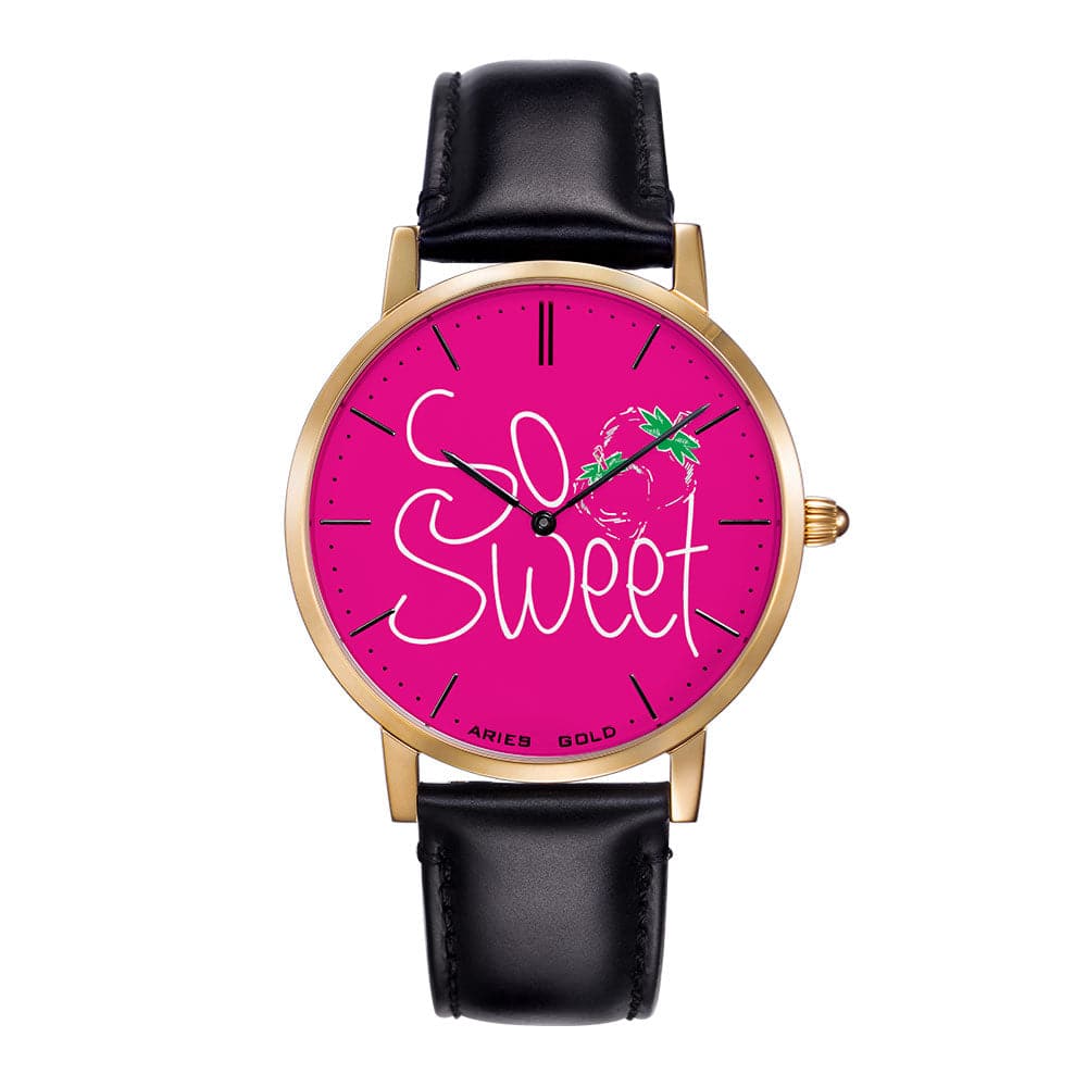 ARIES GOLD CUSTOMISED GOLD STAINLESS STEEL WATCH - SO SWEET PINK LEATHER STRAP WOMEN'S WATCH - H2 Hub Watches