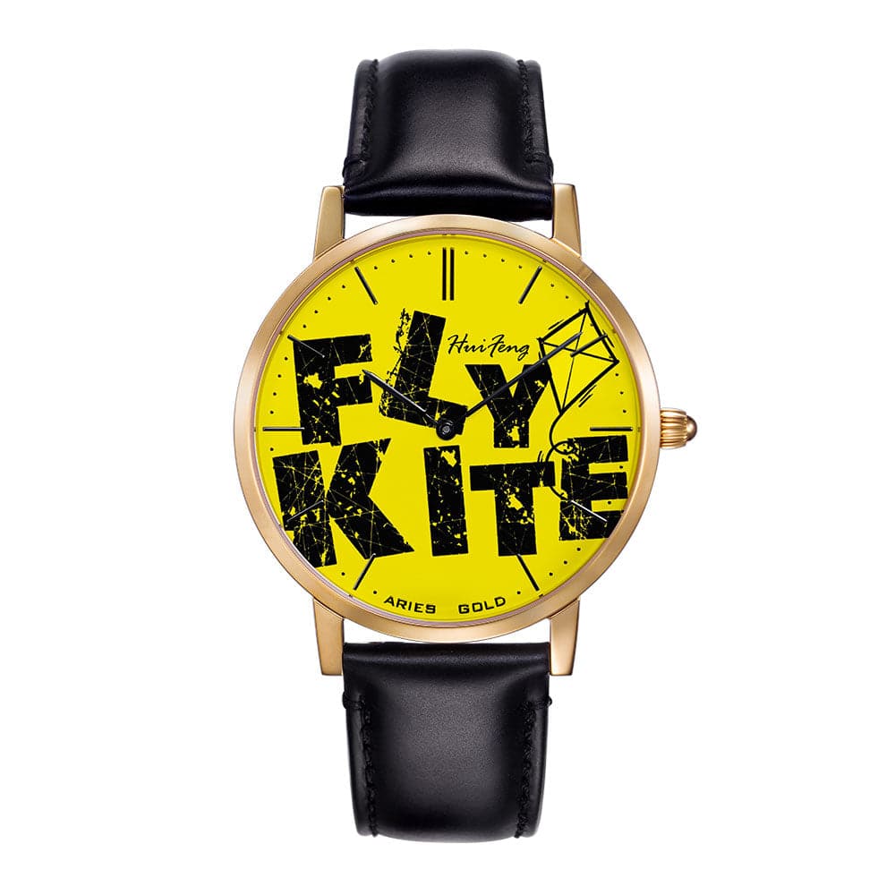 ARIES GOLD CUSTOMISED GOLD STAINLESS STEEL WATCH - FLY KITE YELLOW UNISEX LEATHER STRAP WATCH - H2 Hub Watches
