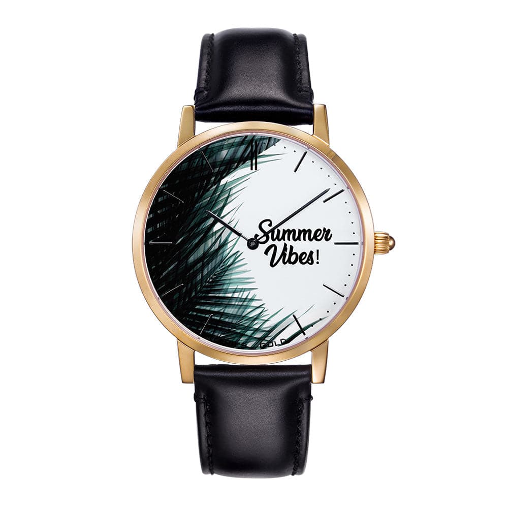 ARIES GOLD CUSTOMISED GOLD STAINLESS STEEL WATCH - SUMMER VIBES PALM LEAVES UNISEX LEATHER STRAP WATCH - H2 Hub Watches