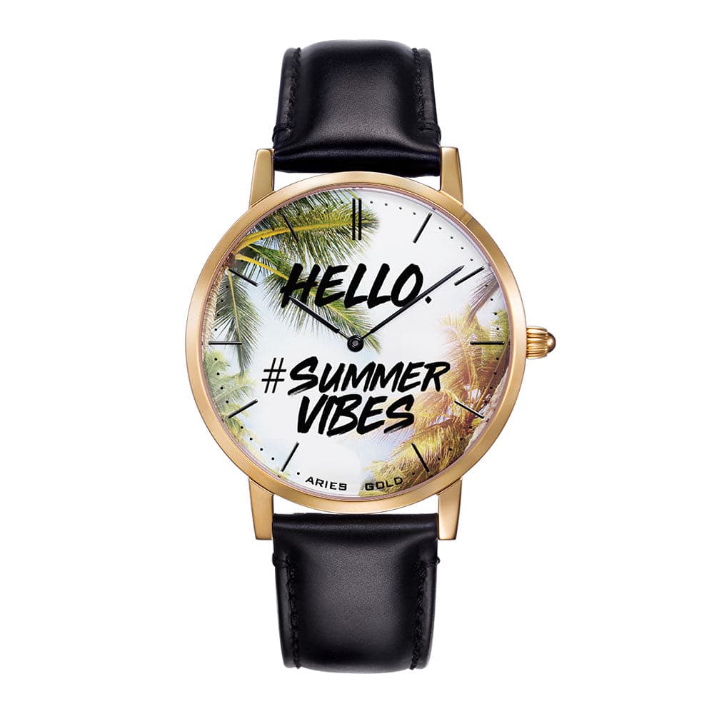 ARIES GOLD CUSTOMISED GOLD STAINLESS STEEL WATCH - HELLO SUMMER VIBES UNISEX LEATHER STRAP WATCH - H2 Hub Watches
