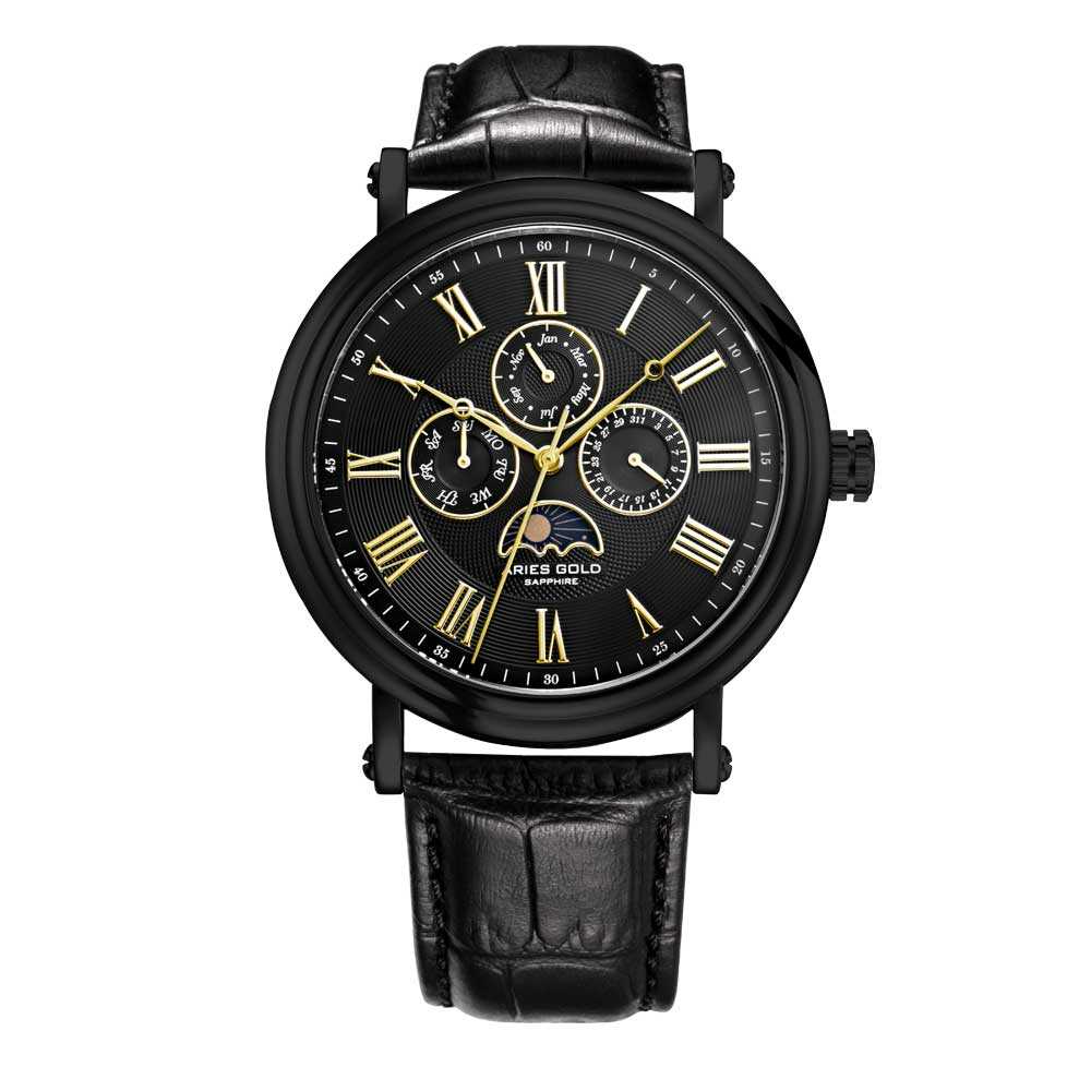 ARIES GOLD URBAN KENSINGTON BLACK STAINLESS STEEL G 101 BK-BKG LEATHER STRAP MEN'S WATCH - H2 Hub Watches