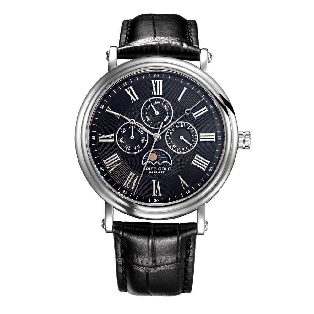 ARIES GOLD URBAN KENSINGTON SILVER STAINLESS STEEL G 101 S-BK BLACK LEATHER STRAP MEN'S WATCH - H2 Hub Watches