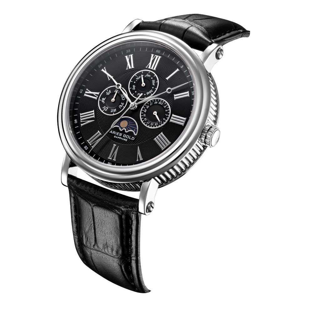ARIES GOLD URBAN KENSINGTON SILVER STAINLESS STEEL G 101 S-BK BLACK LEATHER STRAP MEN'S WATCH - H2 Hub Watches