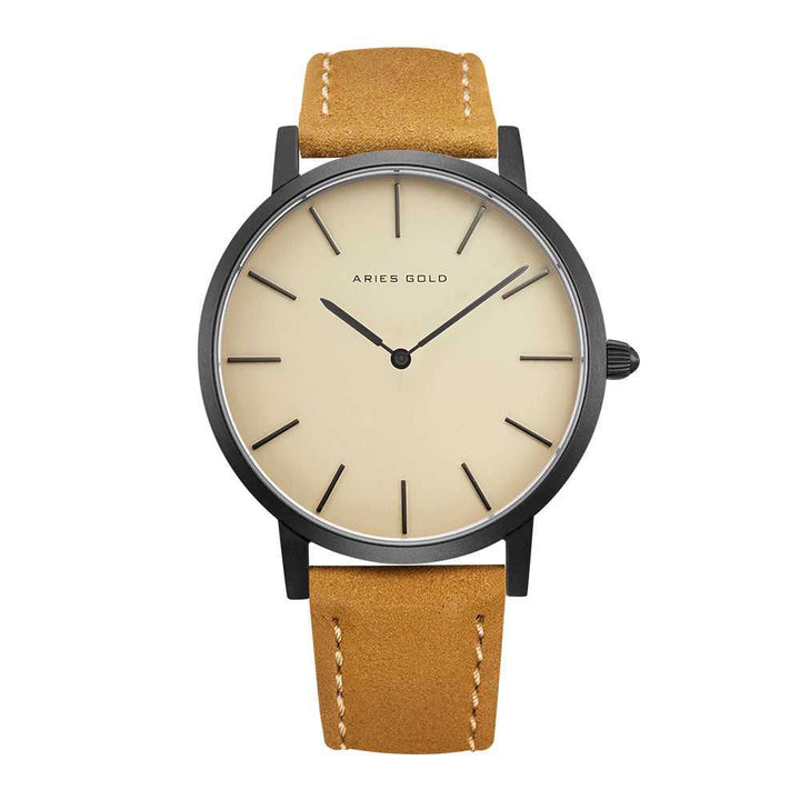 ARIES GOLD URBAN SANTOS G 1022 BK-BEI BROWN LEATHER STRAP MEN'S WATCH - H2 Hub Watches