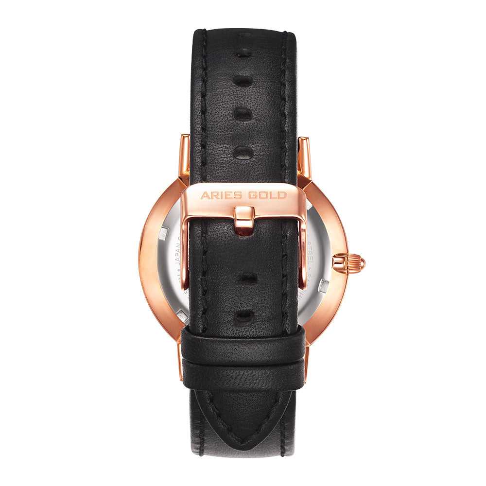 ARIES GOLD URBAN SANTOS ROSE GOLD STAINLESS STEEL G 1022 RG-BK BLACK LEATHER STRAP MEN'S WATCH - H2 Hub Watches