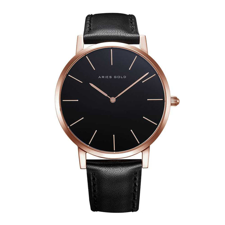 ARIES GOLD URBAN SANTOS ROSE GOLD STAINLESS STEEL G 1022 RG-BK BLACK LEATHER STRAP MEN'S WATCH - H2 Hub Watches
