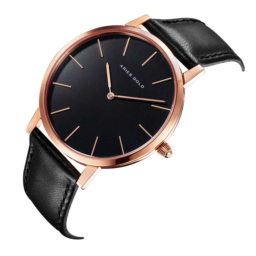 ARIES GOLD URBAN SANTOS ROSE GOLD STAINLESS STEEL G 1022 RG-BK BLACK LEATHER STRAP MEN'S WATCH - H2 Hub Watches