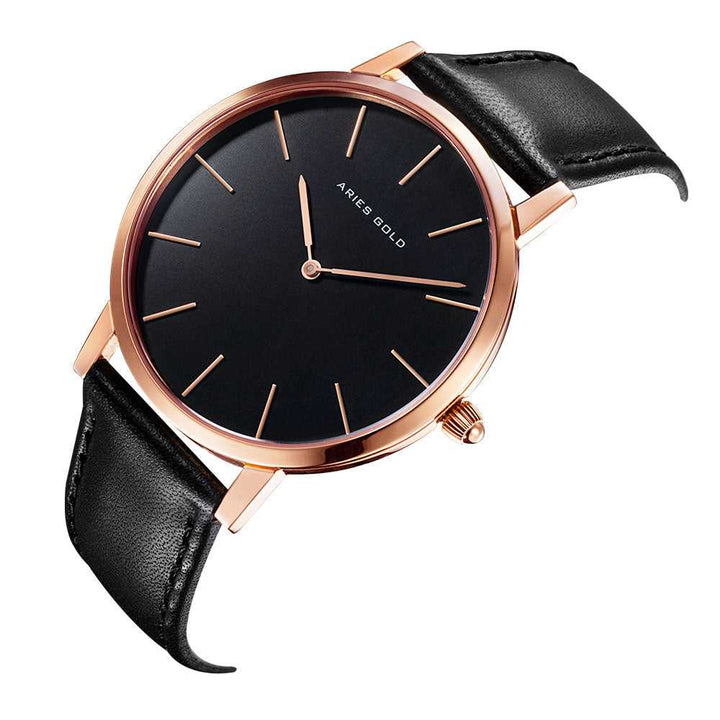ARIES GOLD URBAN SANTOS ROSE GOLD STAINLESS STEEL G 1022 RG-BK BLACK LEATHER STRAP MEN'S WATCH - H2 Hub Watches