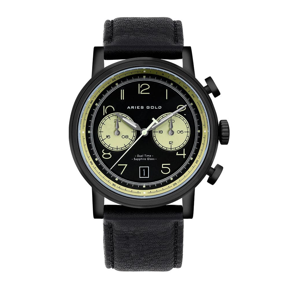 ARIES GOLD URBAN JOURNEY G 1025 BK-BKBEI BLACK LEATHER STRAP MEN'S WATCH - H2 Hub Watches