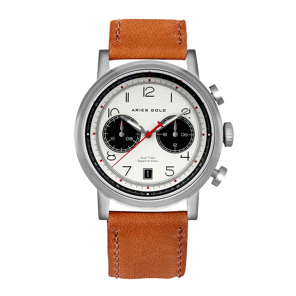 ARIES GOLD URBAN JOURNEY SILVER STAINLESS STEEL G 1025 S-W BROWN LEATHER STRAP MEN'S WATCH - H2 Hub Watches