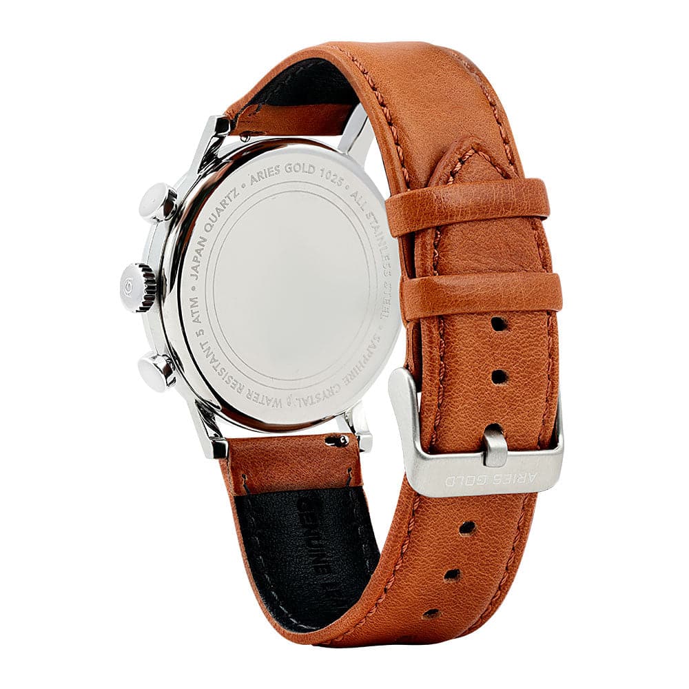 ARIES GOLD URBAN JOURNEY SILVER STAINLESS STEEL G 1025 S-W BROWN LEATHER STRAP MEN'S WATCH - H2 Hub Watches