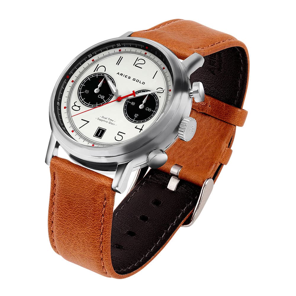 ARIES GOLD URBAN JOURNEY SILVER STAINLESS STEEL G 1025 S-W BROWN LEATHER STRAP MEN'S WATCH - H2 Hub Watches