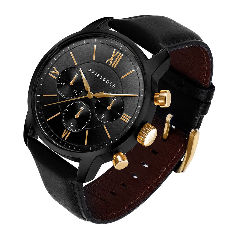 ARIES GOLD URBAN ETERNAL BLACK STAINLESS STEEL G 1027 BKG-BKG BLACK LEATHER STRAP MEN'S WATCH - H2 Hub Watches