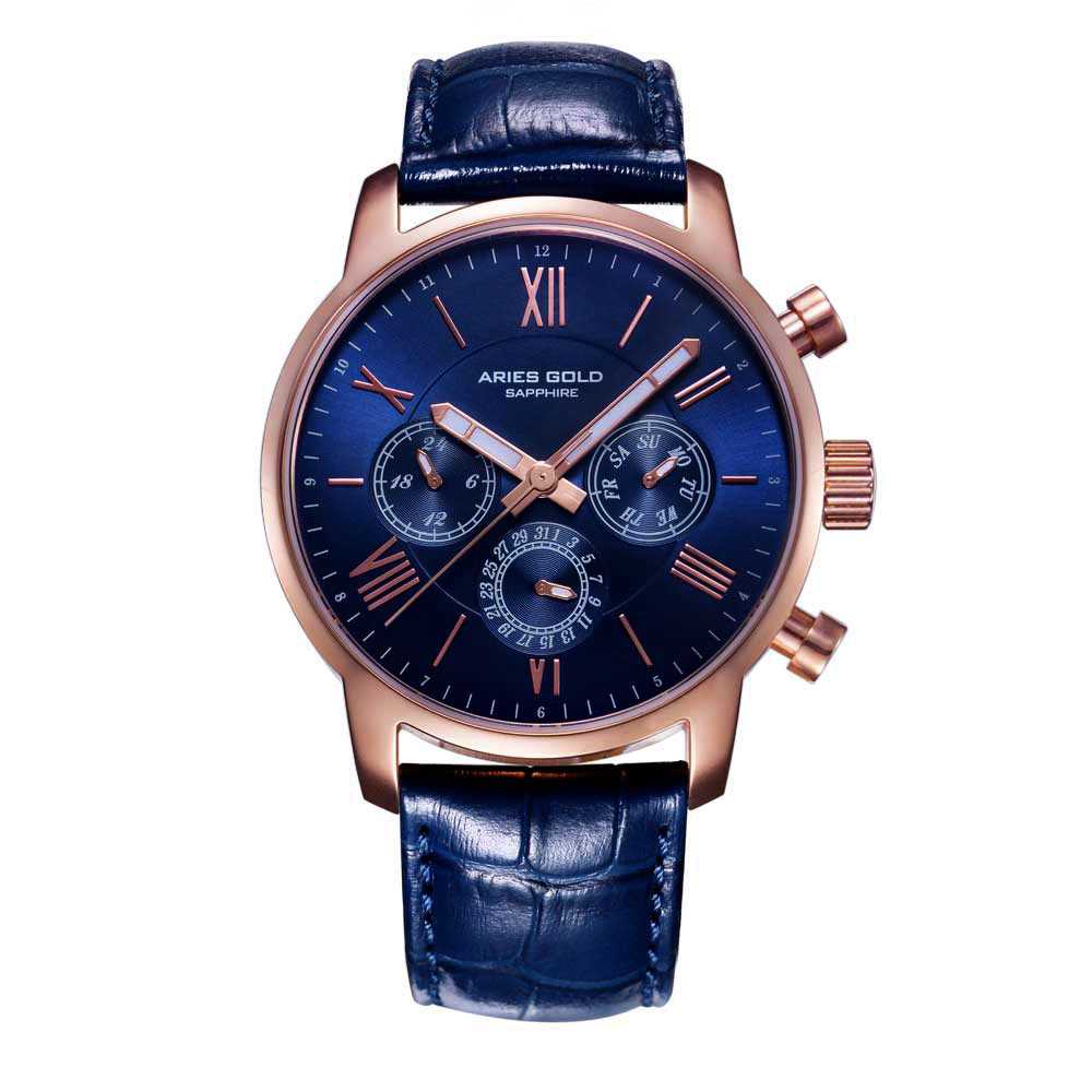 ARIES GOLD URBAN ETERNAL ROSE GOLD STAINLESS STEEL G 103 RG-BU BLUE LEATHER STRAP MEN'S WATCH - H2 Hub Watches