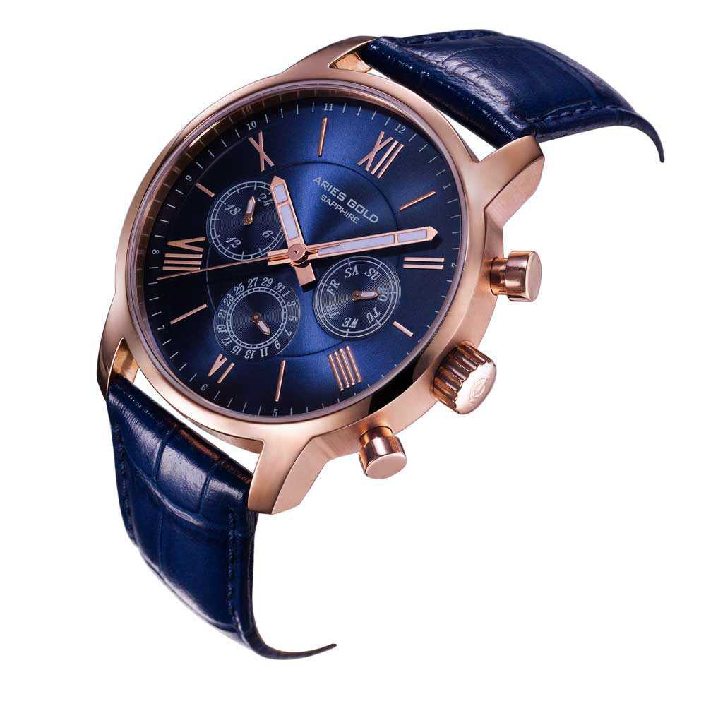 ARIES GOLD URBAN ETERNAL ROSE GOLD STAINLESS STEEL G 103 RG-BU BLUE LEATHER STRAP MEN'S WATCH - H2 Hub Watches