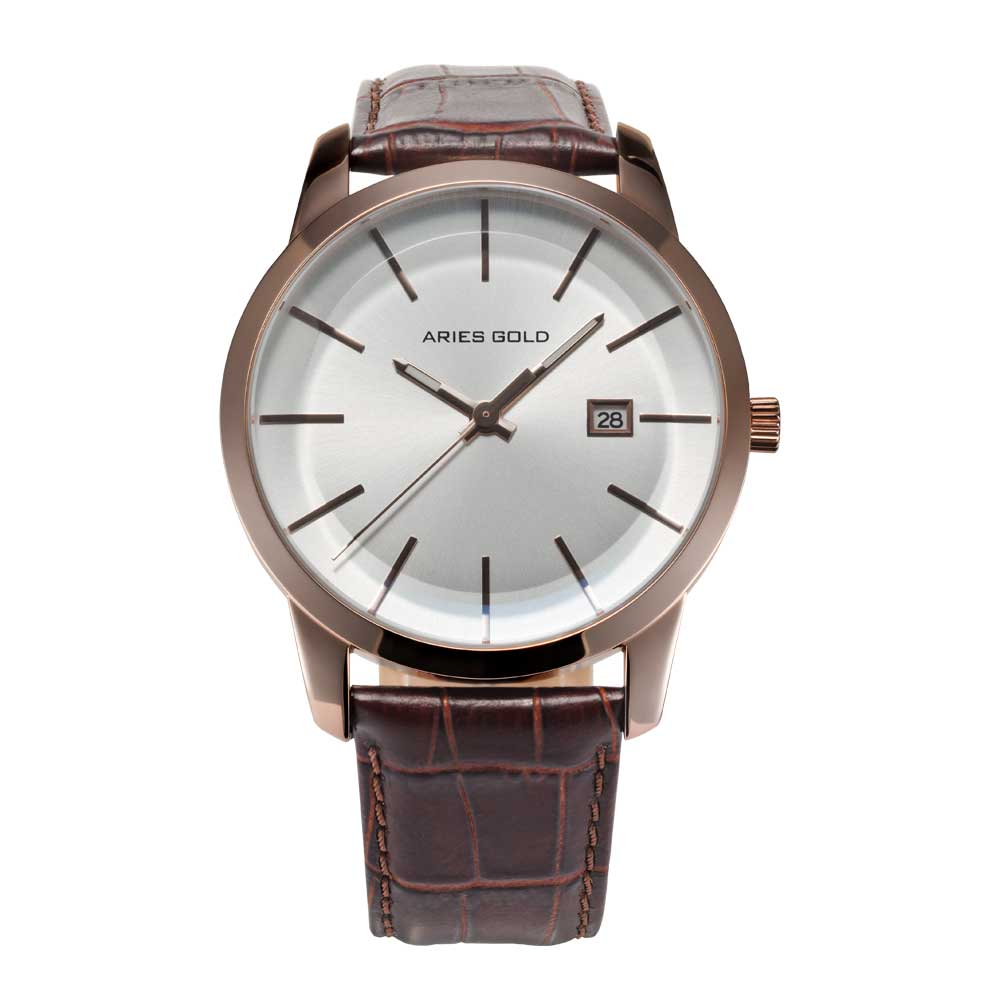 ARIES GOLD URBAN ENERGY ROSE GOLD STAINLESS STEEL G 639M RG-ROSE BROWN LEATHER STRAP MEN'S WATCH - H2 Hub Watches