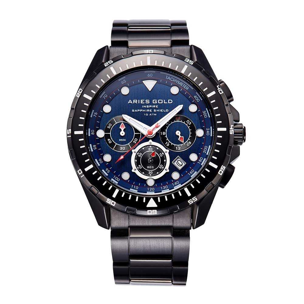 ARIES GOLD CHRONOGRAPH ATLANTIC BLACK STAINLESS STEEL G 7002 BK-BU MEN'S WATCH - H2 Hub Watches