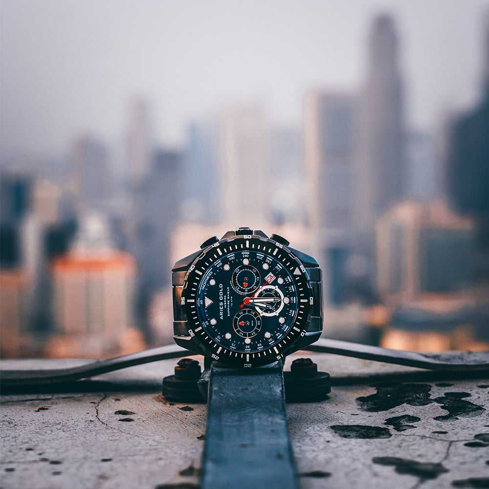 ARIES GOLD CHRONOGRAPH ATLANTIC BLACK STAINLESS STEEL G 7002 BK-BU MEN'S WATCH - H2 Hub Watches