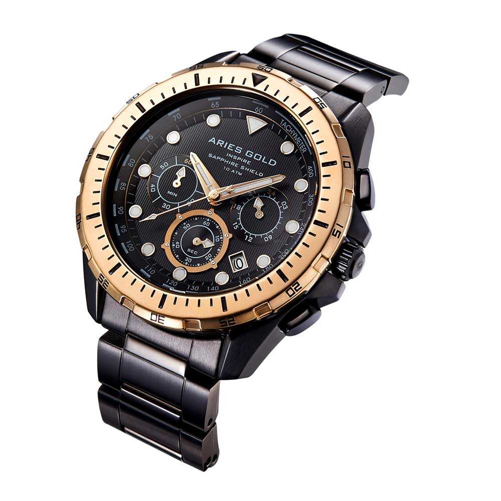 ARIES GOLD CHRONOGRAPH ATLANTIC BLACK STAINLESS STEEL G 7002 BKRG-BK MEN'S WATCH - H2 Hub Watches