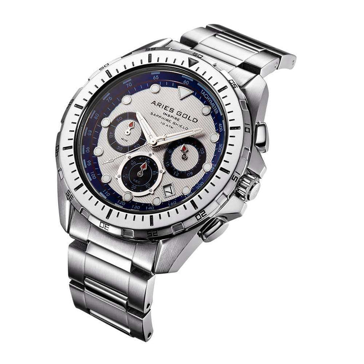 ARIES GOLD CHRONOGRAPH ATLANTIC SILVER STAINLESS STEEL G 7002 S-S MEN'S WATCH - H2 Hub Watches