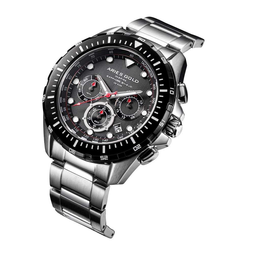 ARIES GOLD CHRONOGRAPH ATLANTIC SILVER STAINLESS STEEL G 7002 SBK-BK MEN'S WATCH - H2 Hub Watches