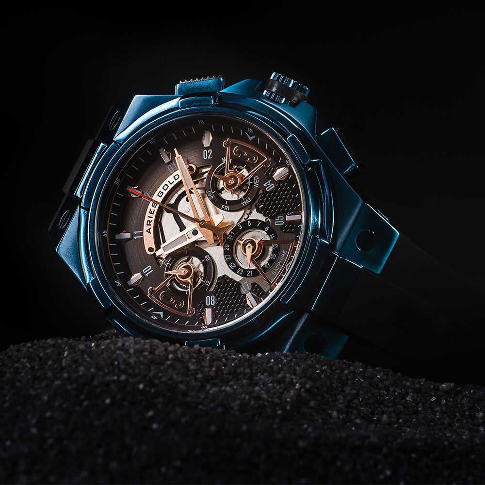 ARIES GOLD ANALOG LIGHTNING BLUE STAINLESS STEEL G 7003 BU-BKRG BLACK RUBBER STRAP MEN'S WATCH - H2 Hub Watches