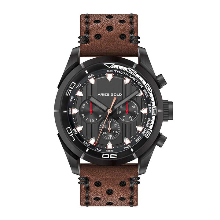 ARIES GOLD ANALOG ENDURO BLACK STAINLESS STEEL G 7006Z BK-BK BROWN LEATHER STRAP MEN'S WATCH - H2 Hub Watches