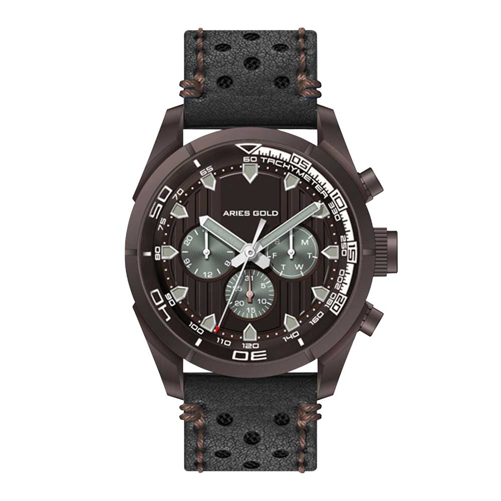 ARIES GOLD ANALOG ENDURO COFFEE STAINLESS STEEL G 7006Z CF-CF BLACK LEATHER STRAP MEN'S WATCH - H2 Hub Watches