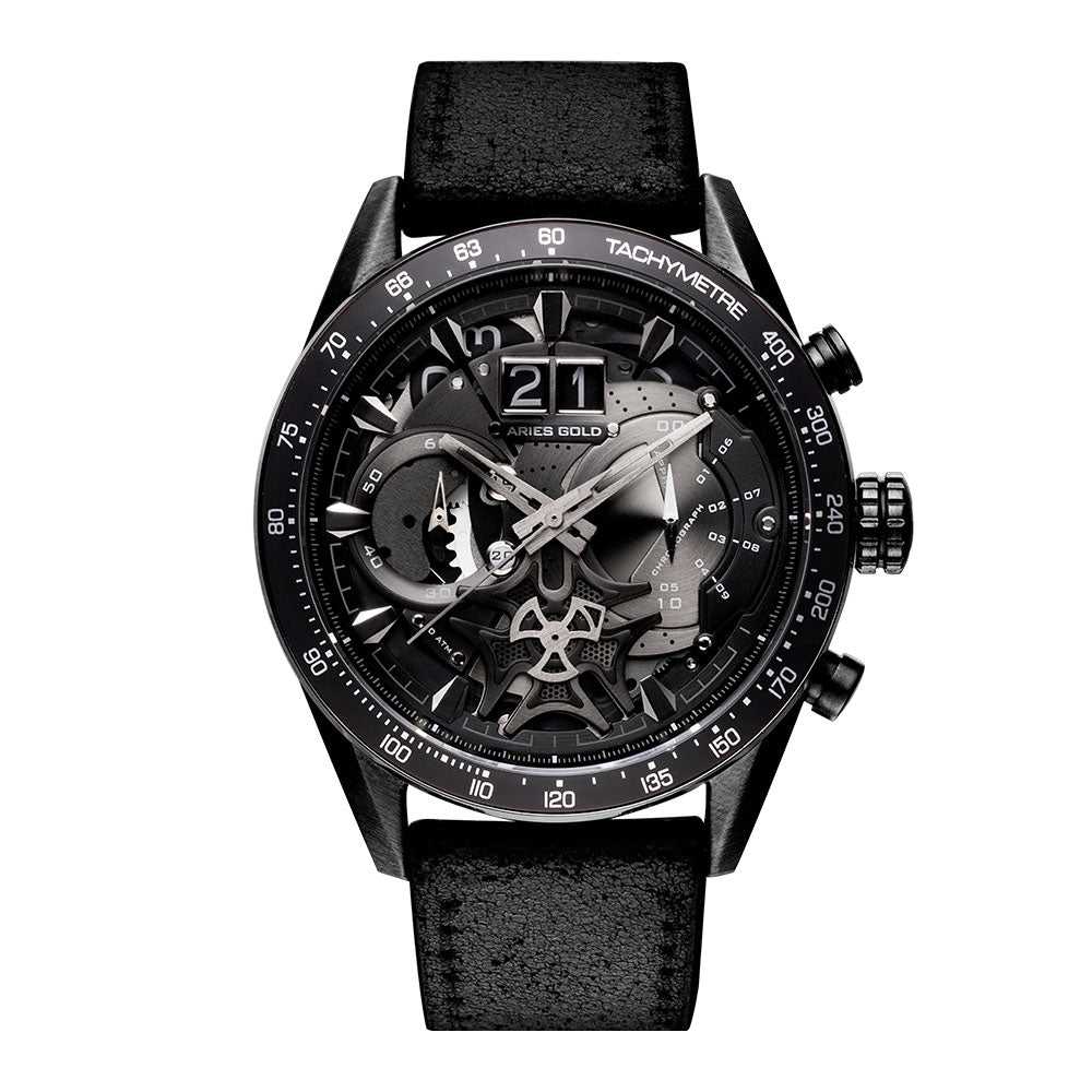 ARIES GOLD CHRONOGRAPH JOLTER BLACK STAINLESS STEEL G 7008 BK-BK LEATHER STRAP MEN'S WATCH - H2 Hub Watches