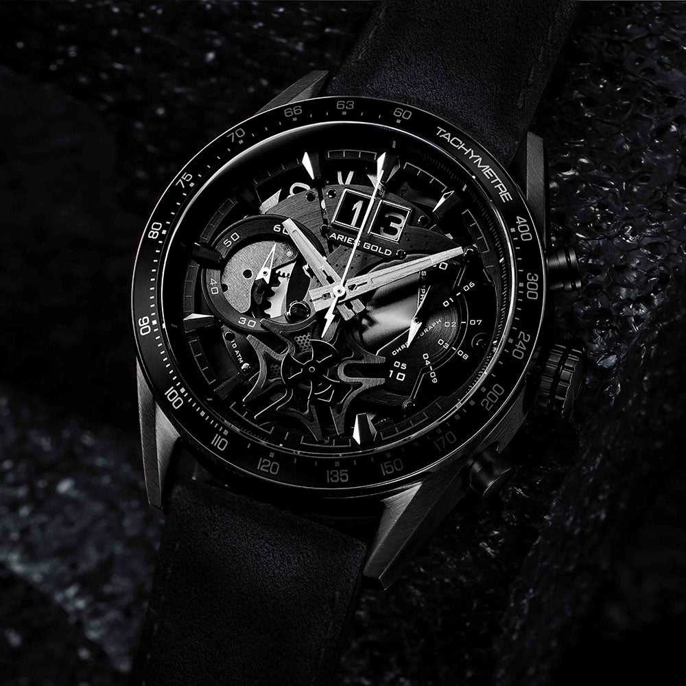 ARIES GOLD CHRONOGRAPH JOLTER BLACK STAINLESS STEEL G 7008 BK-BK LEATHER STRAP MEN'S WATCH - H2 Hub Watches