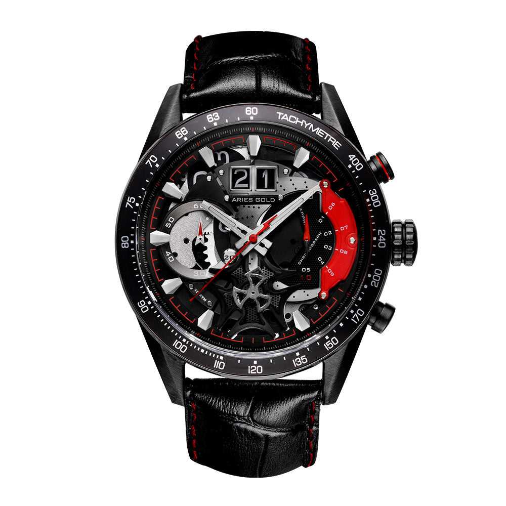 ARIES GOLD CHRONOGRAPH JOLTER BLACK STAINLESS STEEL G 7008 BK-R LEATHER STRAP MEN'S WATCH - H2 Hub Watches
