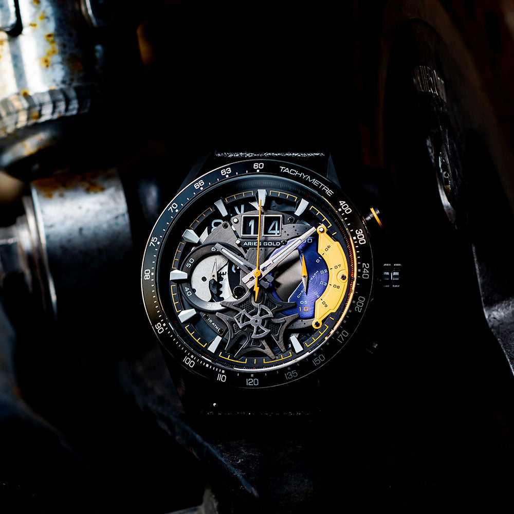 ARIES GOLD CHRONOGRAPH JOLTER BLACK STAINLESS STEEL G 7008 BK-YW LEATHER STRAP MEN'S WATCH - H2 Hub Watches
